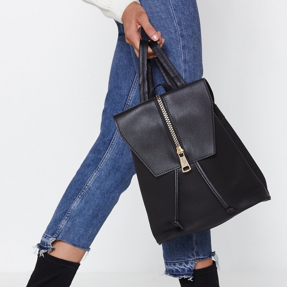 Nasty Gal Black Faux Leather Zip-Front Backpack